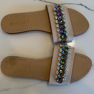 Mystique Boutique Blush Slide Sandals with Iridescent Crystal Row